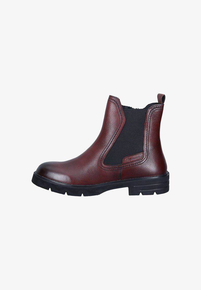Braune Lederstiefelette mit elastischen Seiteneinsätzen, abgerundetem Zehenbereich, strukturierter Oberfläche und schwarzer Gummisohle.