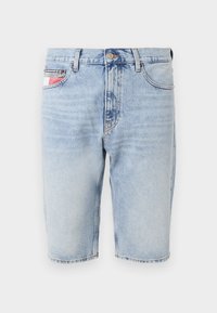Light blue denim shorts with a straight cut, featuring a button closure, five pockets, and subtle fading details throughout the fabric.