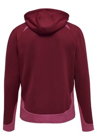 Felpa maroon con un'acca di tessuto rosa strutturato ai lati e sui polsini, dotata di una cucitura centrale sul retro e un cappuccio regolabile con stringa.
