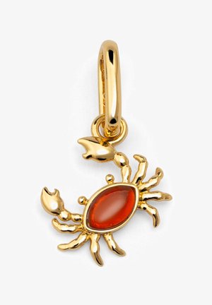 Goldener Krabbenanhänger mit einem ovalen orangen Edelstein als Körper, filigranen Beinen und Klauen sowie einer Schlaufe zur Befestigung.