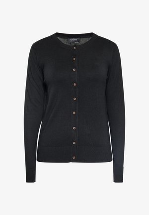 Zwarte lange mouwen button-up cardigan trui met ronde hals en geribde manchetten en zoom.