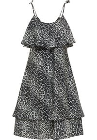 Rochie de vară cu model de leoparde, cu volane în straturi, bretele ajustabile și o siluetă fluidă în nuanțe de negru și crem.