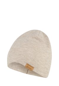 Light beige ribbed knit beanie with a small brown stitched label on the edge, isolated on white background.