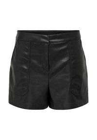 Zwarte leren shorts met een gladde textuur, voorzien van twee voorzakken en een getailleerde pasvorm. De tailleband is plat zonder zichtbare sluitingen.