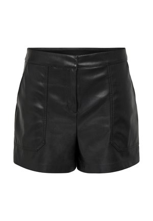 Schwarze Leder Shorts mit einer glatten Textur, ausgestattet mit zwei Fronttaschen und einer taillierten Passform. Der Bund ist flach ohne sichtbare Verschlüsse.