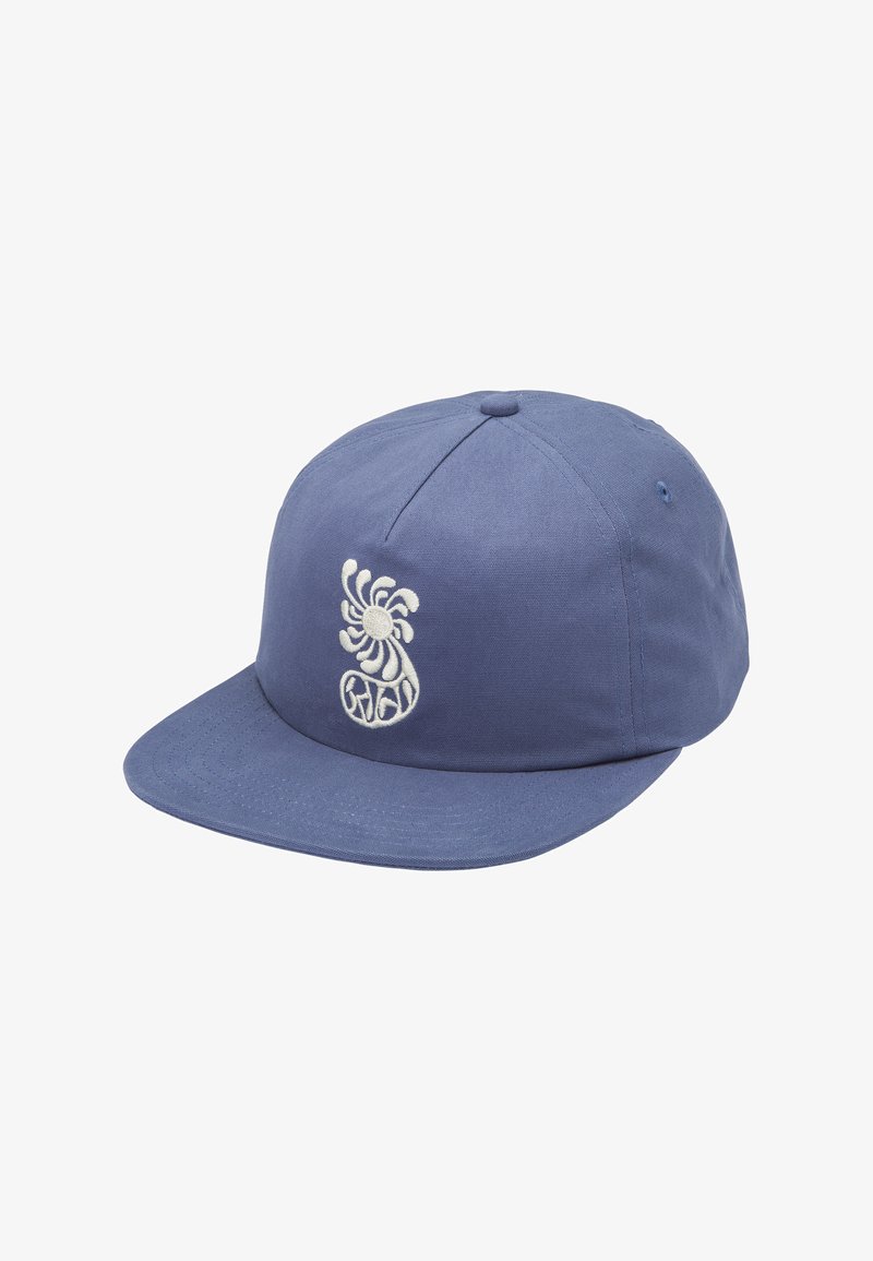 Blue cotton cap with a flat brim and a white embroidered spiral design on the front. Features six-panel construction and a top button.