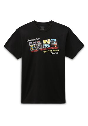 Czarny T-shirt Vans z kolorowym napisem "Greetings from Vans" z grafikami plaży, miasta i jazdy na deskorolce oraz sloganem "Off The Wall Since '66".