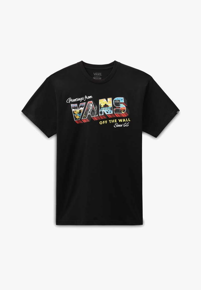 T-shirt noir Vans avec un texte coloré « Greetings from Vans » présentant des graphismes de plage, de ville et de skateboard, et le slogan « Off The Wall Since '66 ».