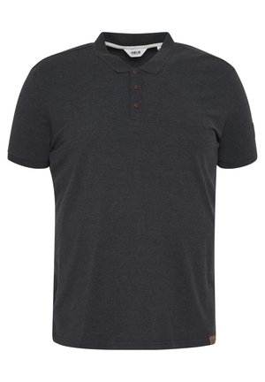 Sötétszürke pólóing, texturált pamut keverékből készült, három gombos légzéssel és egy kis logóval az alsó oldalon.