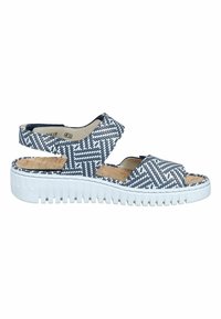 Women's open-toe sandal with blue and white woven fabric straps and a thick white ridged sole.