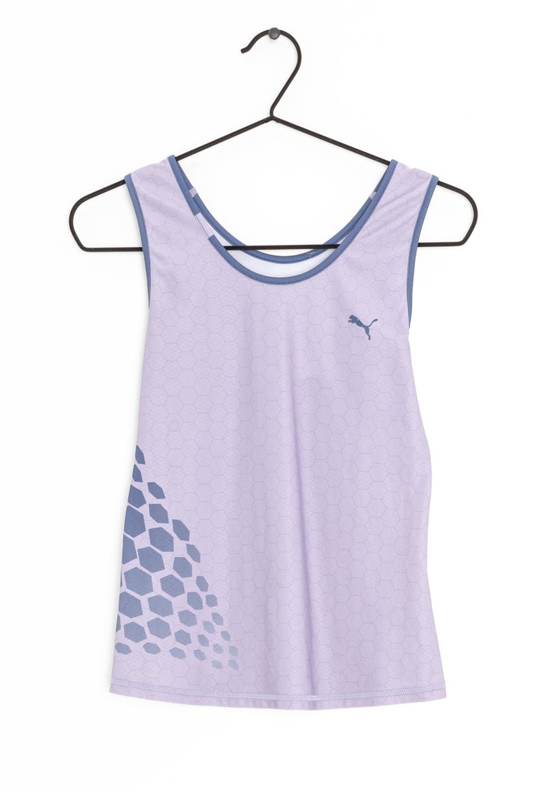 Ljuslila ärmlös tanktopp med hexagonmönster i mörkare nyanser av blått, med rundad halsringning och Puma-logotyp.