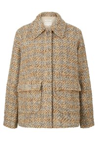 Tweedjakke i brun og beige med et tekstureret mønster, der har krave, frontlukning med knapper og to store klaplommer.
