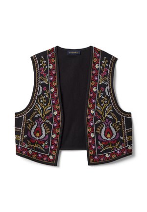 Schwarze ärmellose Weste mit aufwändiger mehrfarbiger Blumenstickerei und geometrischen Rändern, offene Vorderseite und Piombo-Label am Halsausschnitt.