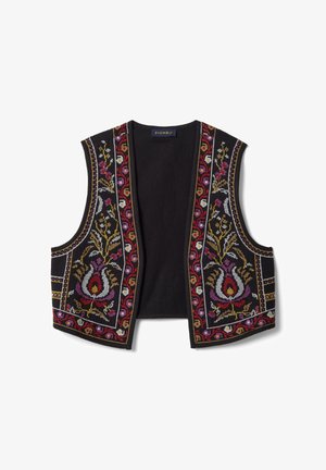 Schwarze ärmellose Weste mit aufwändiger mehrfarbiger Blumenstickerei und geometrischen Rändern, offene Vorderseite und Piombo-Label am Halsausschnitt.