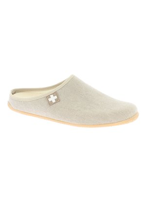Beiger Stoff-Schlupfschuh mit einer hellen Gummisohle, textured Obermaterial und einem kleinen weißen Kreuz-Logo an der Seite.