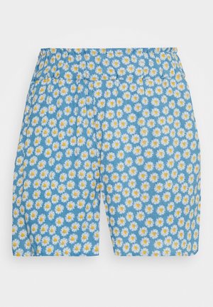 Blaue Shorts mit elastischem Bund, versehen mit einem Muster aus kleinen weißen Gänseblümchen mit gelben Zentren.