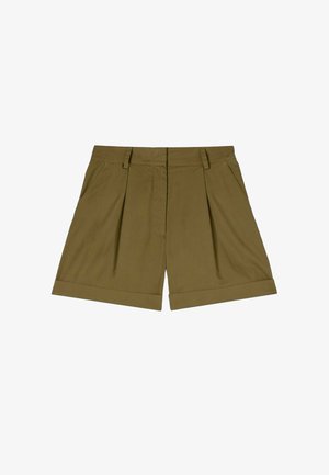 Bermudas plisadas de color verde oliva, confeccionadas con una tela ligera, que cuentan con un dobladillo con vuelta y bolsillos en la parte frontal para mayor funcionalidad.