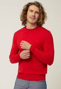 Maglione rosso lavorato a maglia con scollatura a girocollo, polsini e orlo a costine, caratterizzato da un piccolo logo sul petto, indossato sopra pantaloni grigio chiaro.