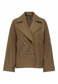 Braune Doppelreiherjacke mit breiten Revers, zwei Fronttaschen und großen Knöpfen. Hergestellt aus einem strukturierten Stoff, der einen lässigen Schnitt aufweist.