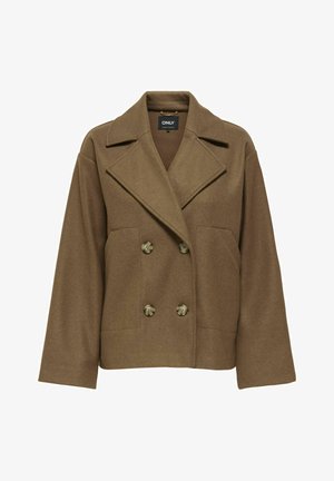 Brun dobbeltspent jakke med brede slag, to frontlommer og store knapper. Laget av et teksturert stoff, med en avslappet passform.