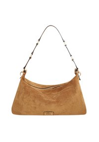 Braune Veloursleder-Handtasche mit geschwungener Form, Reißverschluss und riemen mit Kettenakzenten. Verfügt über eine kleine Logoplatte auf der Vorderseite.