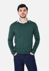 Giovane uomo con capelli scuri e barba, indossa un maglione verde sopra una camicia bianca con colletto e jeans blu scuro, con le mani in tasca, sfondo neutro.