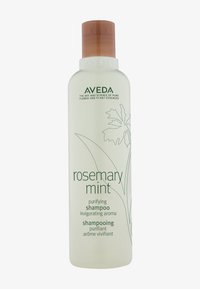 Aveda Rosemary Mint shampoo in een doorzichtige, lichtgroene fles met een bruine klikdop en botanische ontwerpen in lichtgroen.