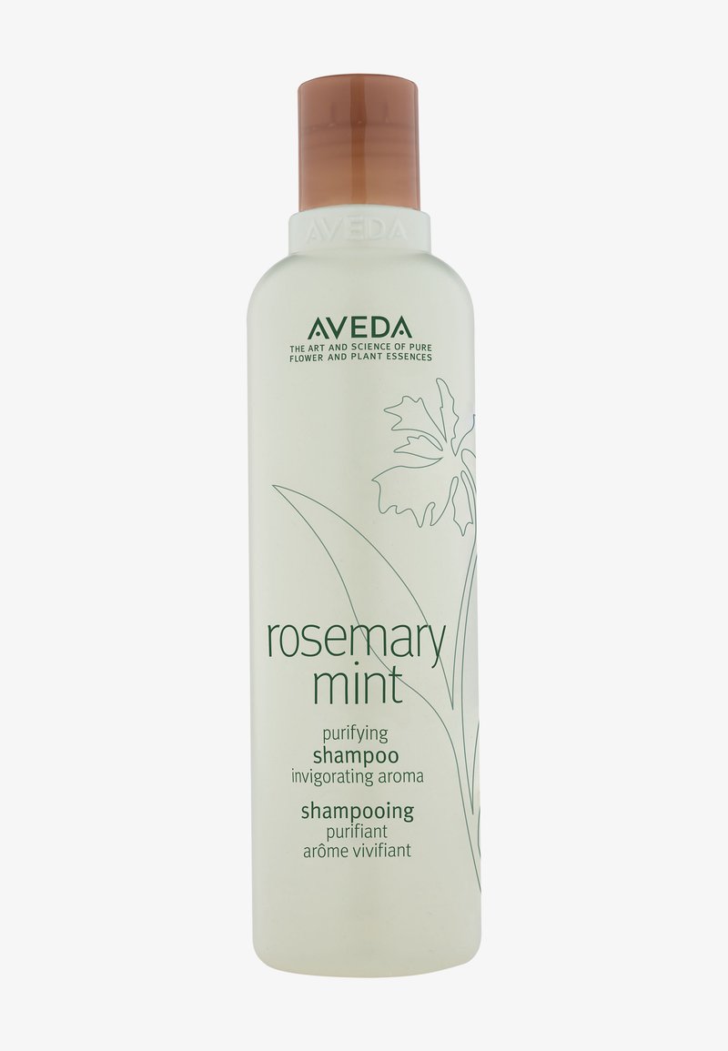 Aveda Rosemary Mint shampoo in een doorzichtige, lichtgroene fles met een bruine klikdop en botanische ontwerpen in lichtgroen.