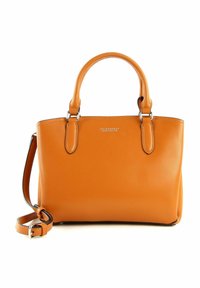 Sac à main en cuir orange avec deux poignées supérieures et une bandoulière amovible. Présente une quincaillerie argentée et un design minimaliste.