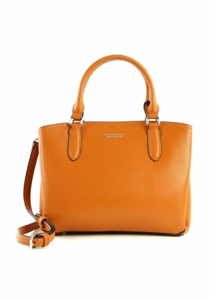 Sac à main en cuir orange avec deux poignées supérieures et une bandoulière amovible. Présente une quincaillerie argentée et un design minimaliste.