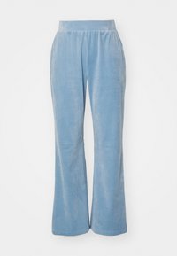 Blå, sammetslena byxor med vida ben, elastisk midja, slät textur och en avspänd passform. Enkel design, inga synliga mönster eller detaljer.