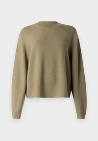 Olive green sweater made of soft knit material, with a round neck, dropped shoulders, and long sleeves. Cropped design with ribbed cuffs.