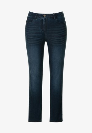 Dunkelblaue Denim-Jeans mit glatter Textur, geradem Bein-Design, elastischem Bund und dezenten vertikalen Rippendetails auf der Vorderseite.