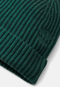Grüner gestrickter Beanie-Hut mit geripptem Muster, umschlagbarem Saum und einem dezenten eingeprägten Logo an der Seite.