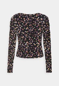Maglietta nera a maniche lunghe con un motivo di stampa leopardata colorato, caratterizzata da dettagli arricciati e una silhouette aderente. Tessuto con una texture liscia.