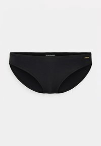Parte inferiore di bikini nera realizzata in un tessuto liscio con un design a vita bassa, caratterizzata da cuciture minime e un branding sottile in oro sul lato.