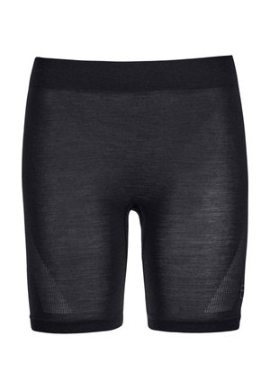 Schwarze nahtlose athletische Kompressionsshorts bis zur Mitte des Oberschenkels mit strukturierten Einsätzen an den Seiten und einem breiten elastischen Bund.