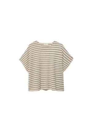 Beiges kurzärmeliges Strickoberteil mit horizontalen schwarzen Streifen und rundem Ausschnitt, auf weißem Hintergrund präsentiert.