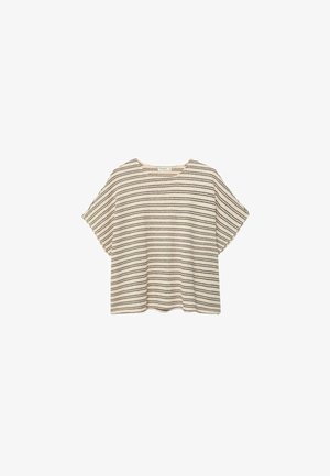 Haut en maille beige à manches courtes avec des rayures noires horizontales et un col rond, présenté sur un fond blanc.