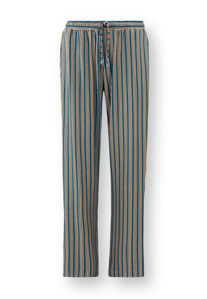 Striped pajama pants in blue, beige, and orange. Made from soft fabric, featuring an elastic waistband with a drawstring and straight legs.