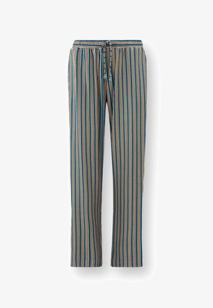 Striped pajama pants in blue, beige, and orange. Made from soft fabric, featuring an elastic waistband with a drawstring and straight legs.