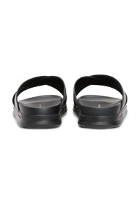 Black slide sandals featuring a minimalistic design with two wide cross straps and a smooth textured footbed. Lightweight and durable.