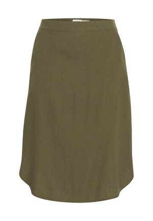 Knælang olivengrøn nederdel med let udslag ved kanten, glat stof og en tætsiddende linning.