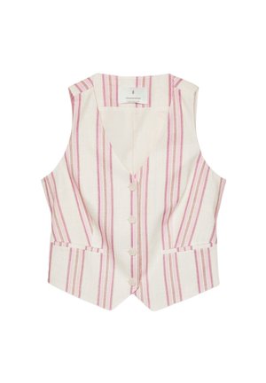 Ærmeløs beige vest med lodrette lyserøde og hvide striber, fire knapper foran og to små forlommer.