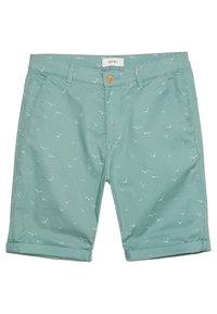 Pantalones cortos de color verde claro hechos de algodón, con un sutil estampado de pájaros en blanco. Incluyen un cierre frontal con botón y dobladillos enrollados.