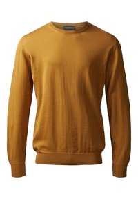 Senfgelber Pullover, weiches Strickgewebe, Rundhalsausschnitt, lange Ärmel, gerippte Bündchen und Saum, leichtes Design mit glatter Textur.