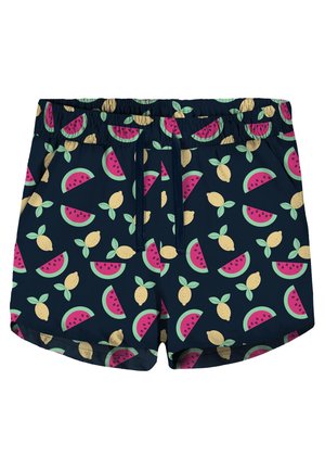Marineblå shorts med elastisk talje og snøre, med et farverigt mønster af vandmelonstykker og citroner med grønne blade.