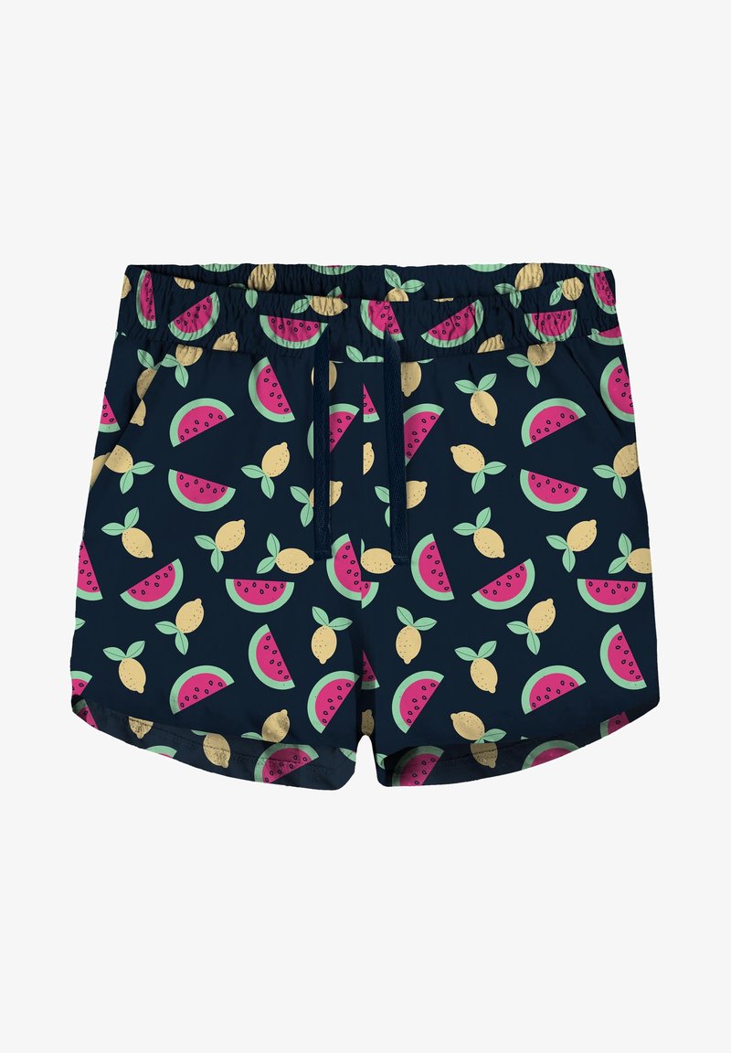 Shorts bleu marine avec taille élastique et cordon de serrage, présentant un motif coloré de tranches de pastèque et de citrons avec des feuilles vertes.