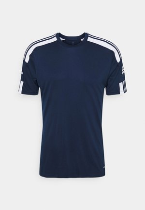 Marineblaues athletisches T-Shirt mit weißen Streifen an Schultern und Ärmeln, kurzen Ärmeln, Rundhalsausschnitt und Adidas-Logo am linken Ärmel.