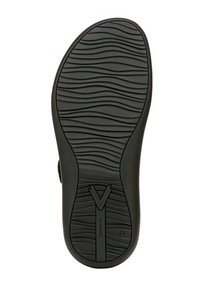 Zwarte schoenzool met een golvend textuurpatroon en een prominent "V"-logo. Gemaakt van rubber voor duurzaamheid en slipweerstand.